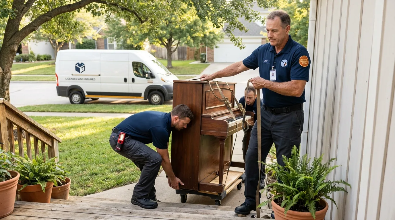 Licensed piano movers securing grand piano in Greenfield, IA