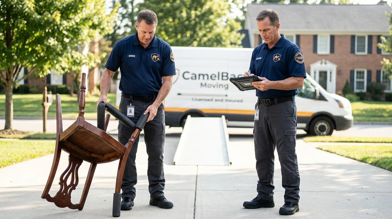 Movers inspecting furniture for damage prevention before loading in Greenfield, IA