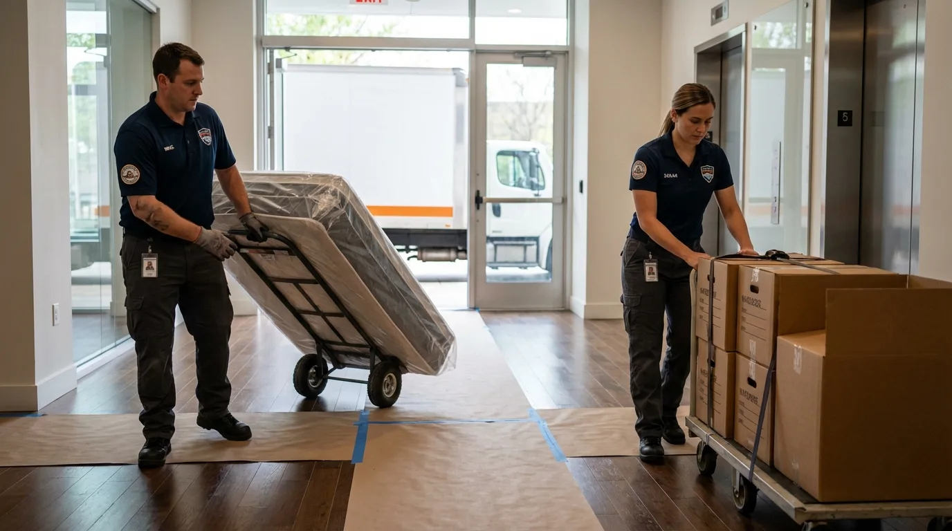 Professional apartment movers loading elevator in Greenfield, IA