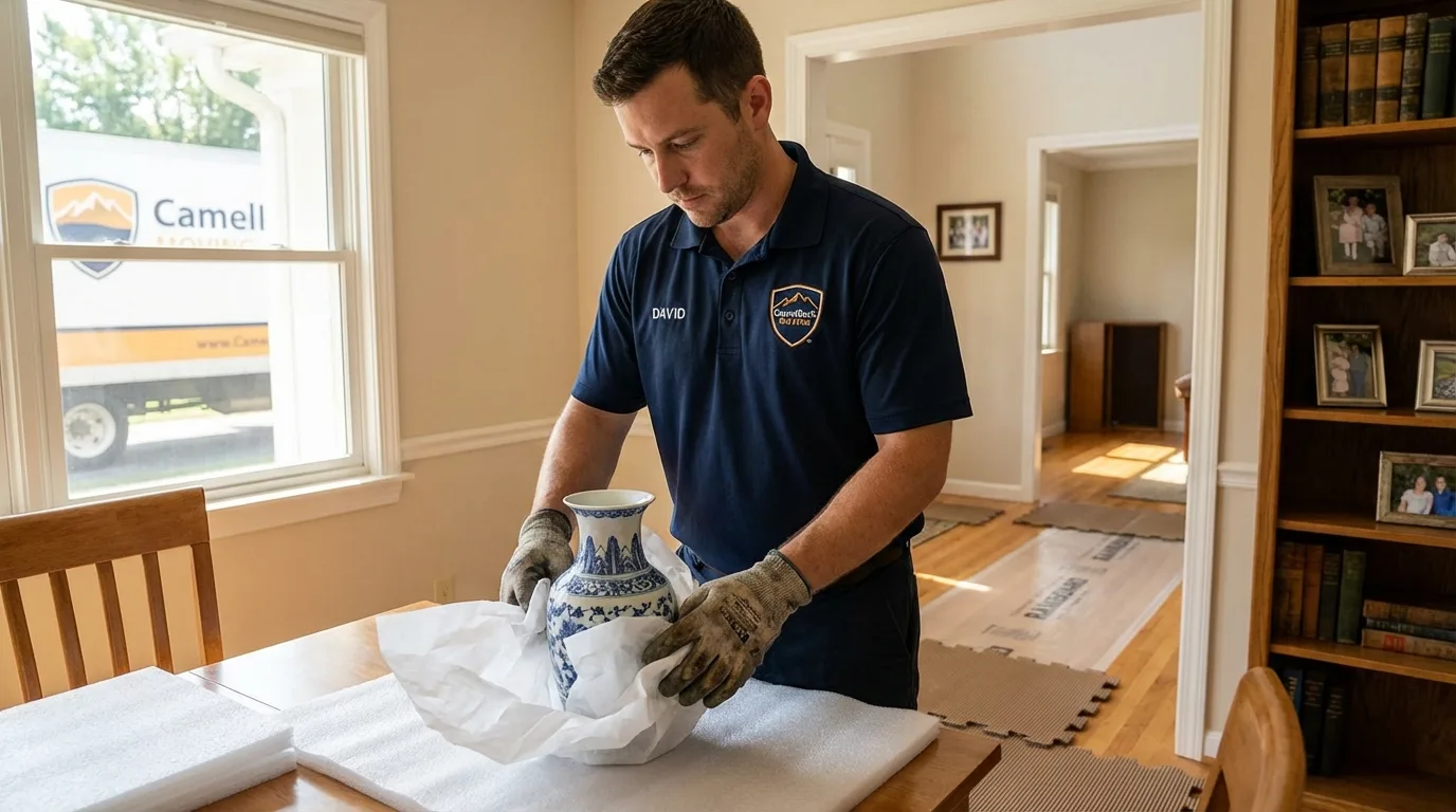 Professional crew carefully wrapping antique vase for senior downsizing move in Greenfield, IA